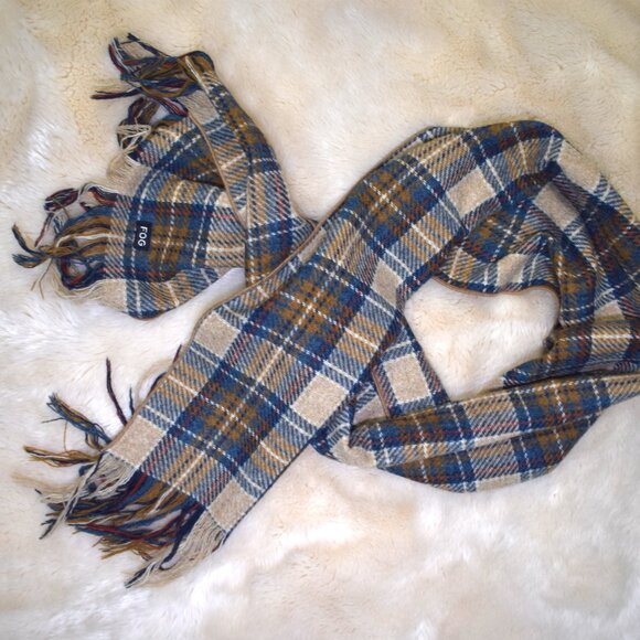 London Fog Plaid Wool Scarf Brown Blue - Picture 8 of 11